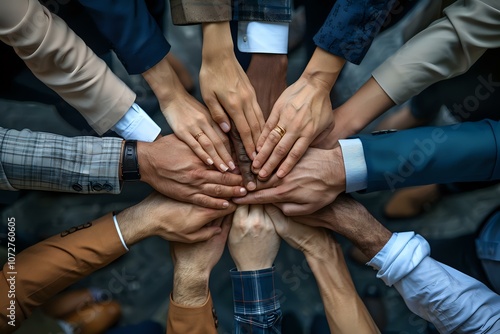 A group of diverse hands coming together in a central stack, symbolizing teamwork, unity, and collaboration. Ideal for themes of partnership, support, and community.