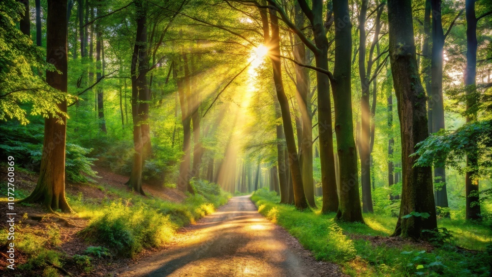 Obraz premium A Path Through the Forest Bathed in Golden Sunlight, Where the Sun's Rays Pierce Through the Dense Canopy, Illuminating the Green Foliage and Casting Long Shadows on the Winding Road