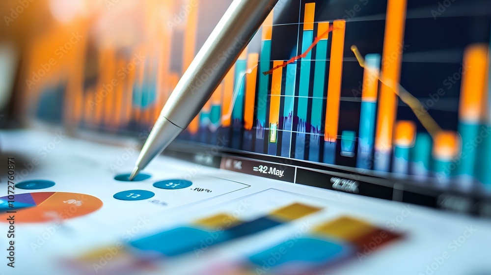 Financial data analysis with colorful charts and graphs on digital display, pen pointing at business statistics for market research and investment strategy. Financial data analysis with colorful charts and graphs on digital display, pen pointing at business statistics for market research and investment strategy.