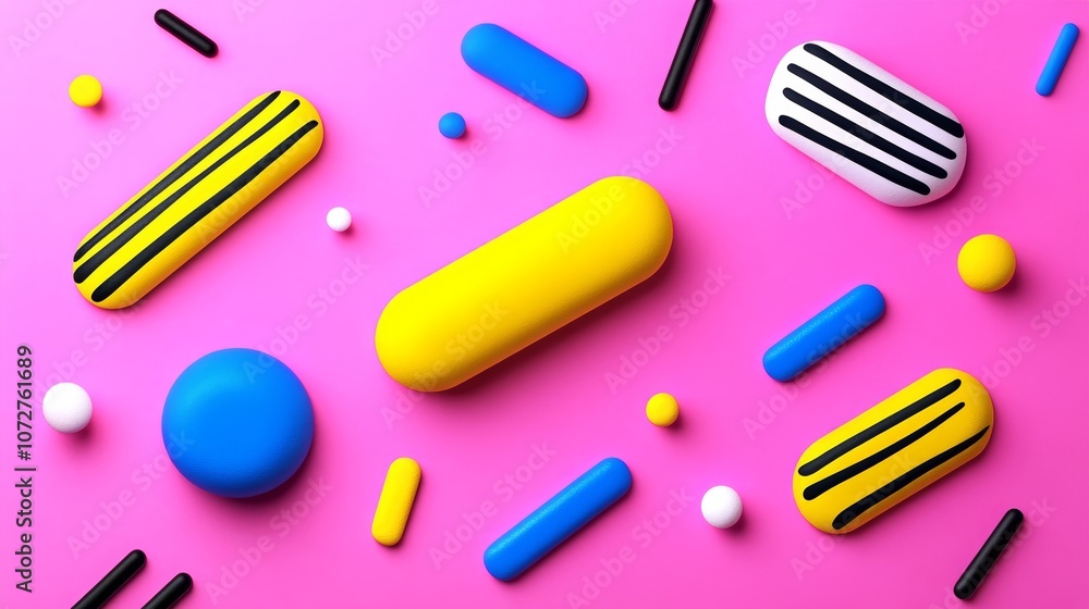 Abstract Pink Background with Colorful 3D Shapes Geometric Design Abstract Pink Background with Colorful 3D Shapes Geometric Design