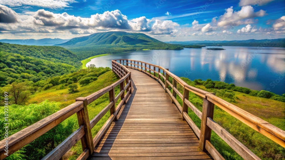 A wooden walkway winds through lush green foliage, leading to panoramic vistas of a serene lake and mountain range beneath a vibrant blue sky. A wooden walkway winds through lush green foliage, leading to panoramic vistas of a serene lake and mountain range beneath a vibrant blue sky.