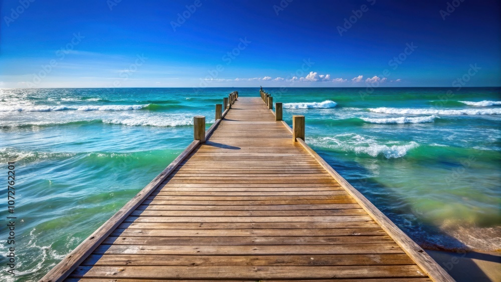 A wooden pier extends into a serene turquoise ocean with rolling waves, offering a tranquil escape from the shore. A wooden pier extends into a serene turquoise ocean with rolling waves, offering a tranquil escape from the shore.
