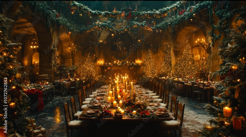 Majestic Medieval Christmas Feast Festive Hall Decorated Table Candles Trees Majestic Medieval Christmas Feast Festive Hall Decorated Table Candles Trees