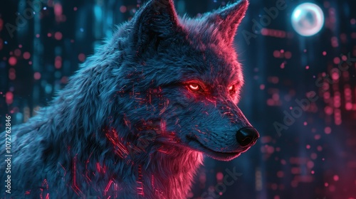 A cybernetic wolf with glowing eyes and sleek fur, howling at a neon moon in a digital forest. Its fur is lined with circuitry that illuminates as it howls, creating an intense and mystical 