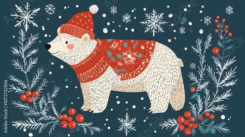 Scandinavian Christmas illustration with cute bear, woods and snowflakes. Hand drawn Nordic forest illustration. Perfect for tee shirt logo, greeting card, poster or print design. photo