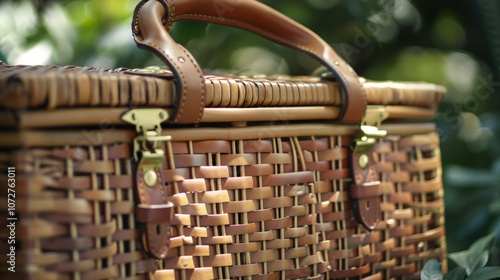 The vintage picnic basket is complete with intricate wooden details and a sy leather handle perfect for a romantic outing. photo