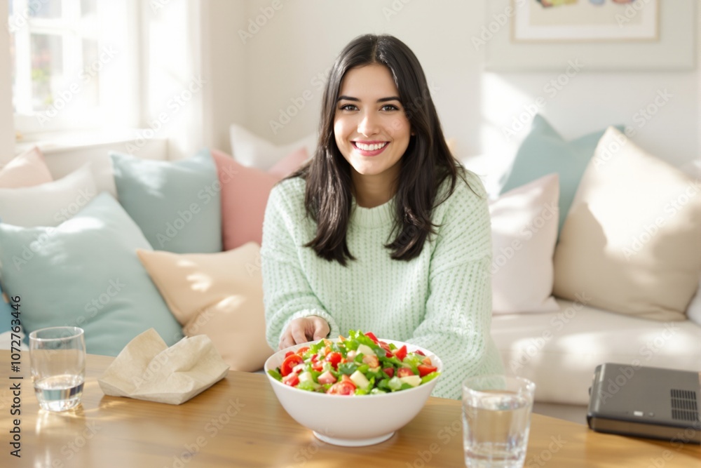 Smiling Young Woman Enjoying Fresh Salad in Cozy Living Room Smiling Young Woman Enjoying Fresh Salad in Cozy Living Room
