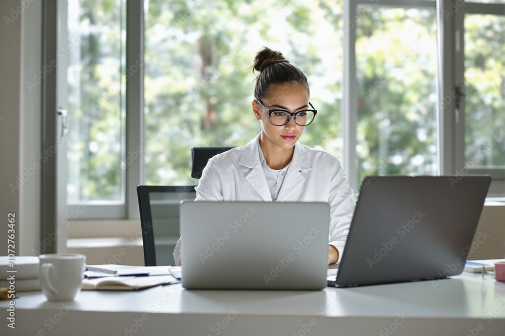 Fototapeta premium Focused Female Scientist Working in Modern Laboratory Setting with Laptops