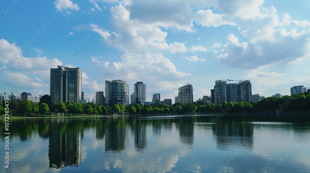 Reflection of Buildings on a Lake - a serene and picturesque visual. The mirrored skyline against the sky creates a tranquil and captivating scene Reflection of Buildings on a Lake - a serene and picturesque visual. The mirrored skyline against the sky creates a tranquil and captivating scene