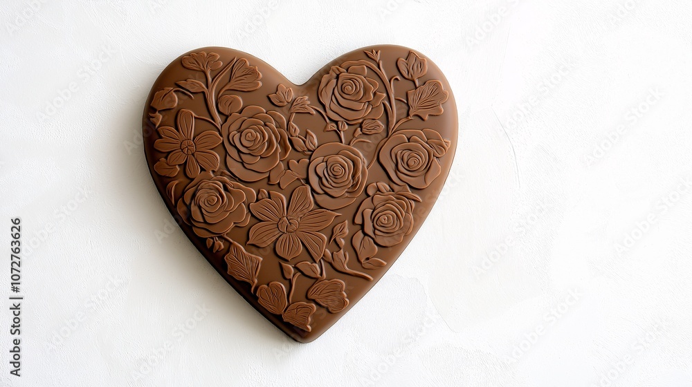 Elegant Heart-Shaped Chocolate with Floral Design on a Light Background, Perfect for Celebrations, Gifts, or Desserts, Evoking Love and Affection Elegant Heart-Shaped Chocolate with Floral Design on a Light Background, Perfect for Celebrations, Gifts, or Desserts, Evoking Love and Affection