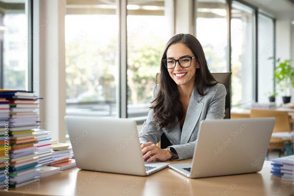 Professional Young Woman Working at Desk with Two Laptops and Books in Modern Office Professional Young Woman Working at Desk with Two Laptops and Books in Modern Office