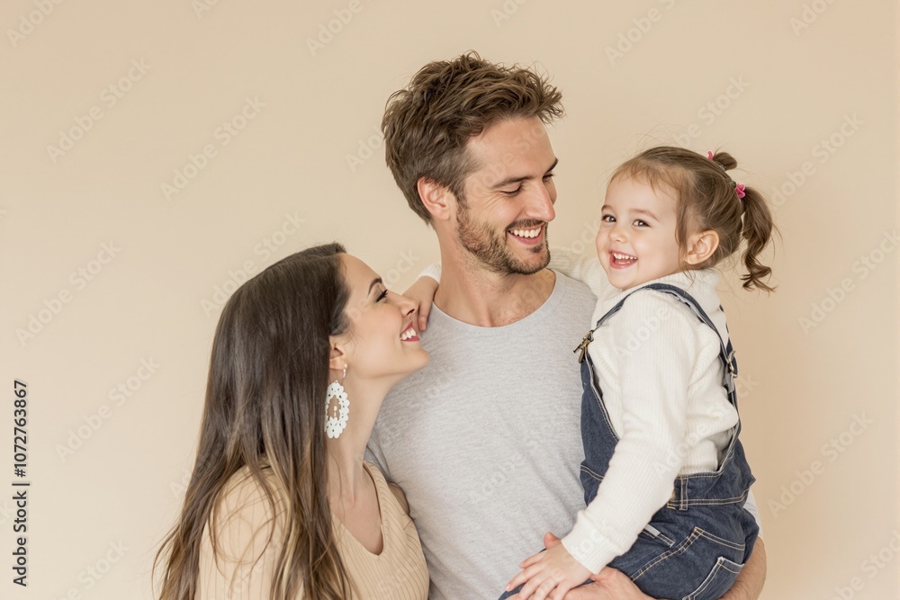 Fototapeta premium Happy Family Portrait with Parents and Young Daughter Against a Neutral Background