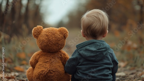Baby and Teddy Bear Enjoying Nature Together on a Quiet Pathway Surrounded by Autumn Colors, Creating a Heartwarming Scene of Friendship and Innocence