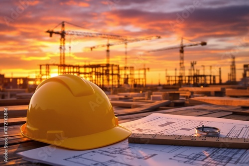 Sunset View of Construction Site with Safety Helmet and Blueprints photo