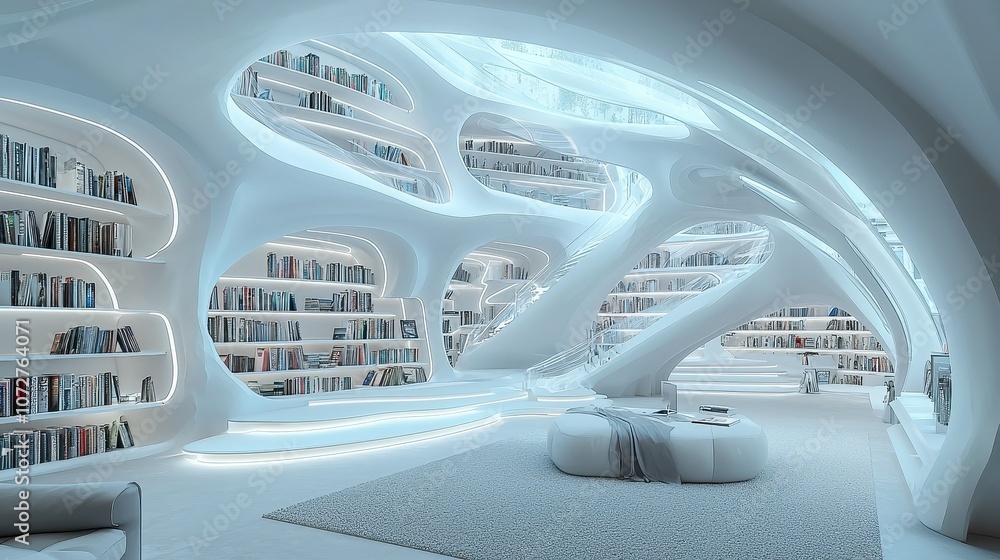 A modern library with interactive digital bookshelves and holographic displays, offering a sleek and immersive reading experience. Visitors can explore books by touching holograms, creating A modern library with interactive digital bookshelves and holographic displays, offering a sleek and immersive reading experience. Visitors can explore books by touching holograms, creating