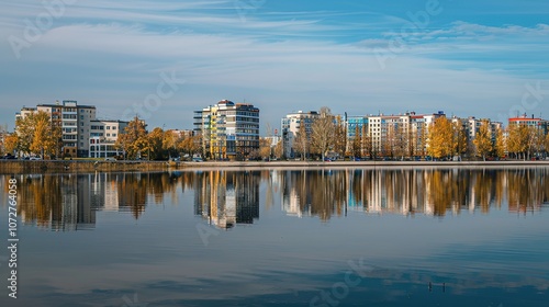 Reflection of Buildings on a Lake - a serene and picturesque visual. The mirrored skyline against the sky creates a tranquil and captivating scene