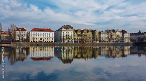 Reflection of Buildings on a Lake - a serene and picturesque visual. The mirrored skyline against the sky creates a tranquil and captivating scene