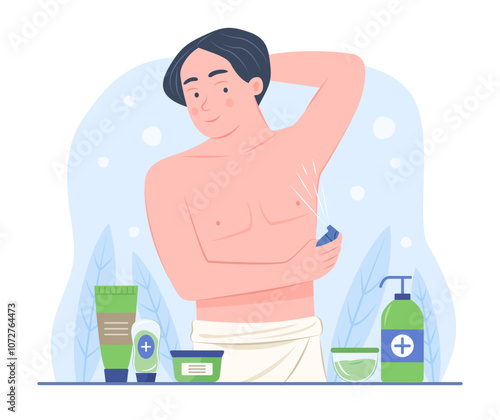 Healthy Man Spraying Cologne Perfume on Body for Beauty Skin Treatment Concept Illustration