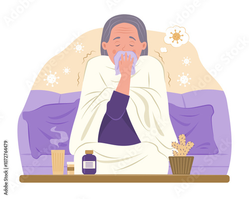 Sick Old Woman Blowing Nose into Handkerchief for Fever Concept Illustration