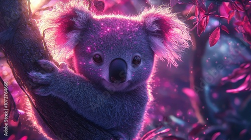 A whimsical koala with holographic fur, hanging from a surreal tree in a neon-lit forest. Its fur shimmers with pastel colors, creating a magical, otherworldly ambiance. A playful fusion of  photo