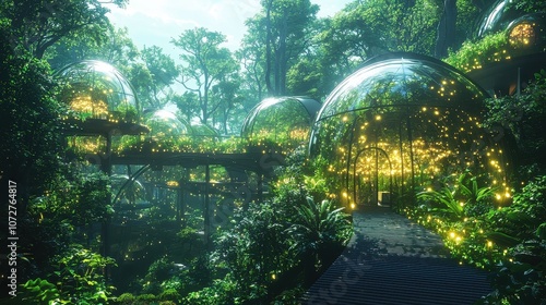 An avant-garde eco-village with shifting holographic homes and bioluminescent gardens, promoting green living. Residents enjoy transparent walkways surrounded by glowing plants. A harmonious  photo