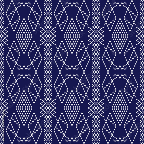 stitch Japanese Sashiko pattern embroidery abstract seamless geometric ornaments white stitch line artwork indigo blue background fashion design template decoration hand drawn printed needlework quilt