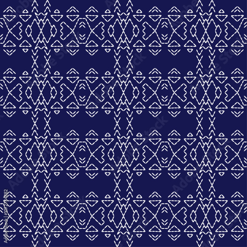 stitch Japanese Sashiko pattern embroidery abstract seamless geometric ornaments white stitch line artwork indigo blue background fashion design template decoration hand drawn printed needlework quilt