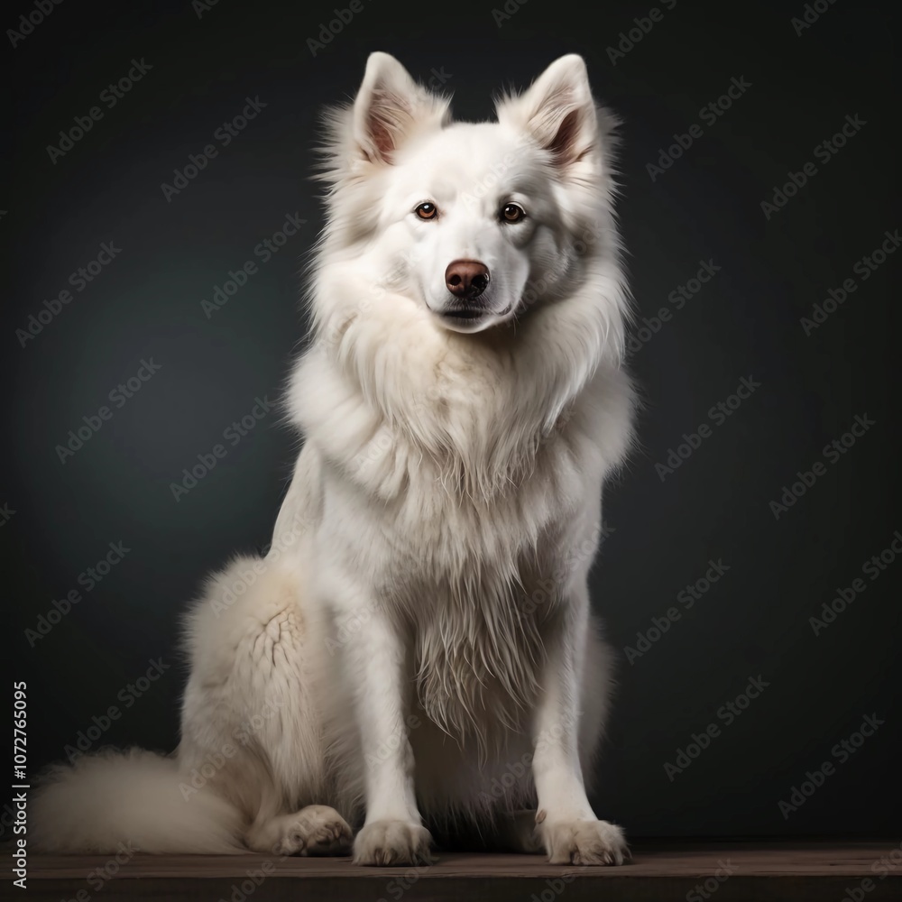 A majestic white dog with a fluffy coat poses elegantly against a dark background. A majestic white dog with a fluffy coat poses elegantly against a dark background.