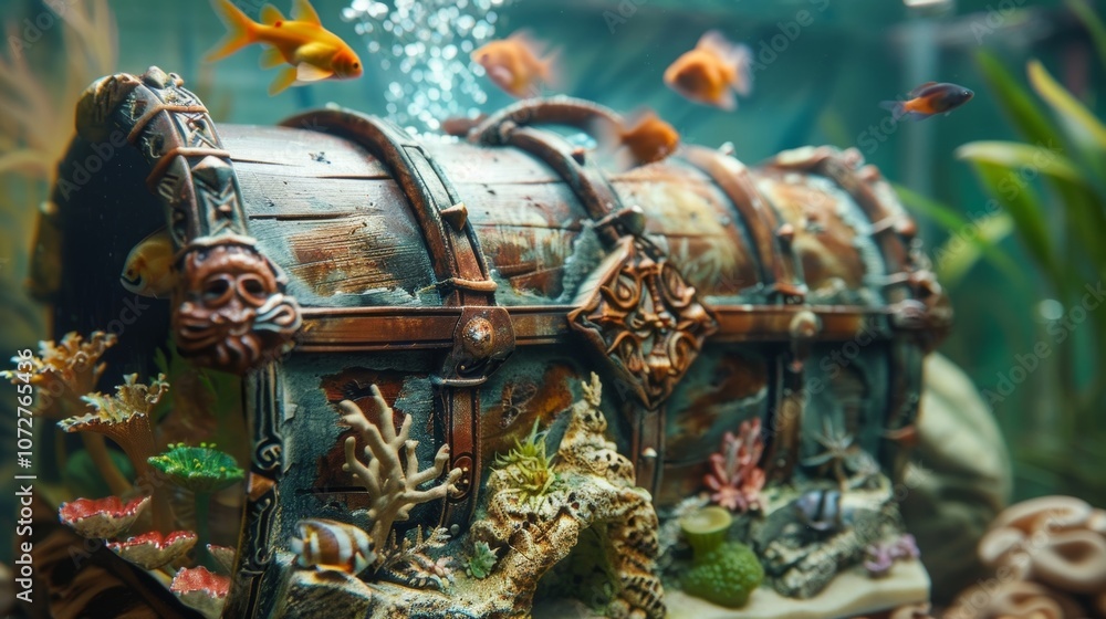 Fototapeta premium An imaginative fish tank shaped like a treasure chest with a lid that opens to reveal a hidden underwater world.