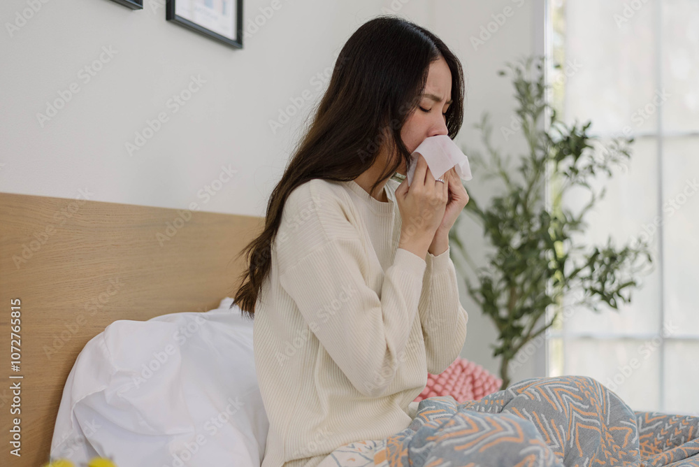 Sick Asian woman sitting on bedroom and sneezing into tissue paper, ill young female cough and blowing her nose. Health care and medicine concept. Sick Asian woman sitting on bedroom and sneezing into tissue paper, ill young female cough and blowing her nose. Health care and medicine concept.