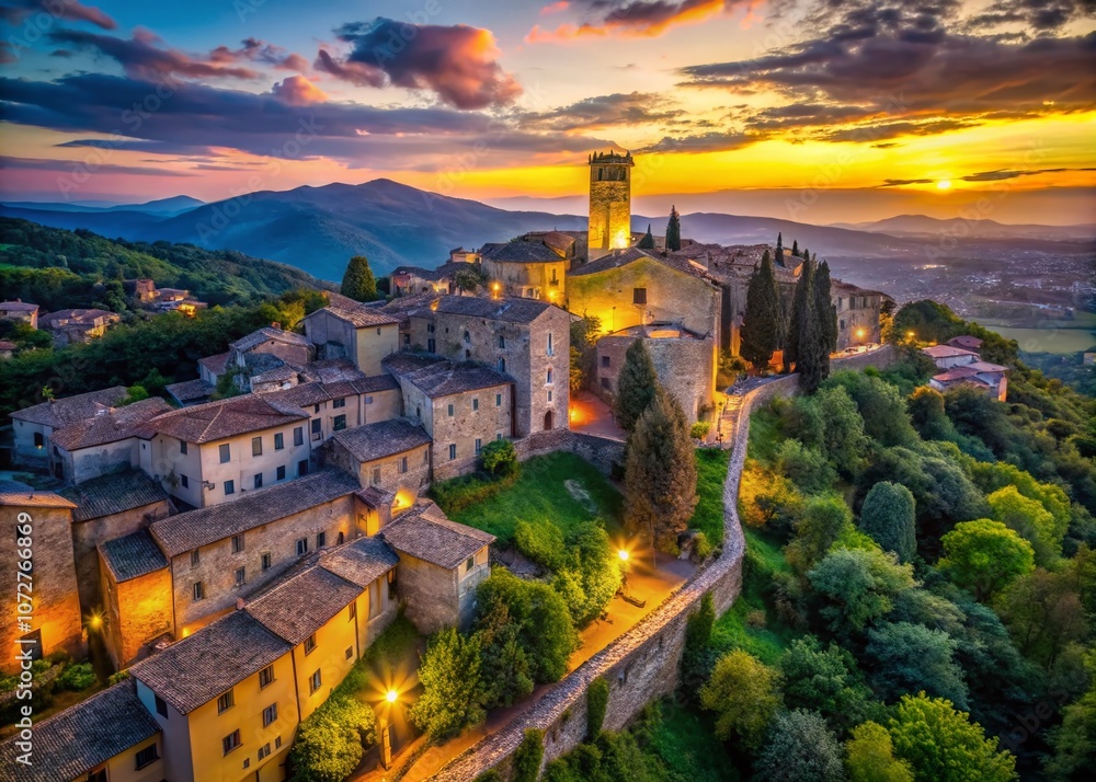Obraz premium Long Exposure of Santa Fiora: Exploring the Timeless Beauty of a Medieval Village in Tuscany with Stone Alleys and Lush Countryside Landscape