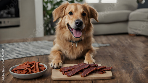 Pet food, puppy jerky, dog jerky commercial, pet jerky advertisement, pet foods commercial, ai generated