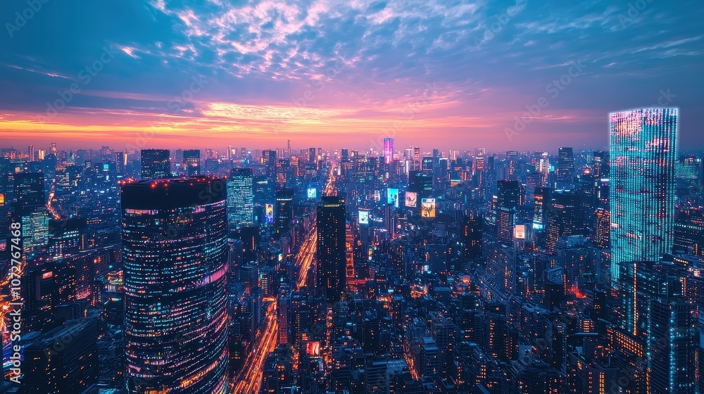 A sprawling futuristic cityscape with transparent bridges and bioluminescent skyscrapers, shining brightly at twilight. Digital advertisements hover in the air, blending seamlessly with the A sprawling futuristic cityscape with transparent bridges and bioluminescent skyscrapers, shining brightly at twilight. Digital advertisements hover in the air, blending seamlessly with the