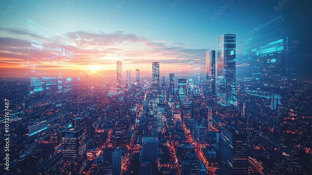 Fototapeta premium A sprawling futuristic cityscape with transparent bridges and bioluminescent skyscrapers, shining brightly at twilight. Digital advertisements hover in the air, blending seamlessly with the 
