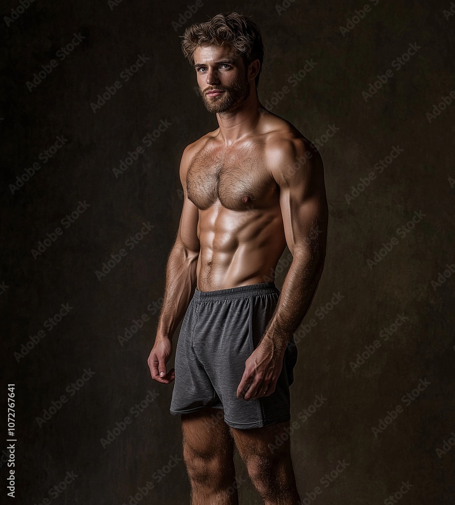 Male Model Posing in Gray Boxer Briefs, Showcasing a Fit Physique Against a Dark Background with Strong Lighting Effects for Fashion and Fitness Themes Male Model Posing in Gray Boxer Briefs, Showcasing a Fit Physique Against a Dark Background with Strong Lighting Effects for Fashion and Fitness Themes