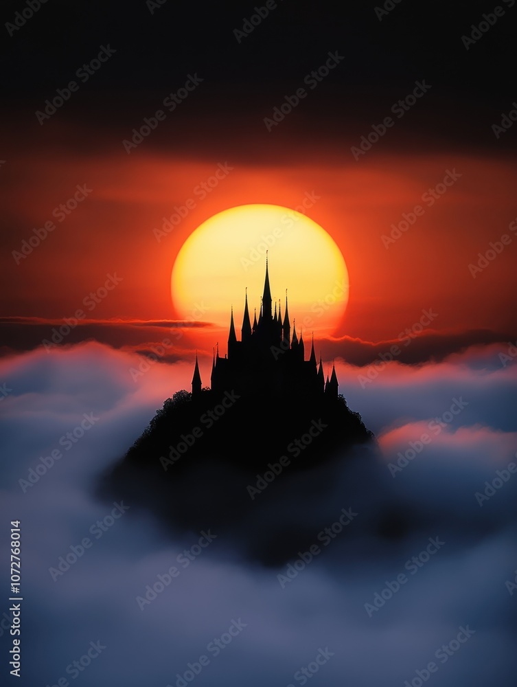 Fototapeta premium Majestic castle silhouette against a vibrant sunset over rolling foggy landscape