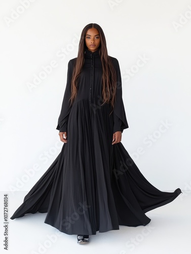 Fashion model showcases elegant black maxi dress with flowing silhouette and chic style