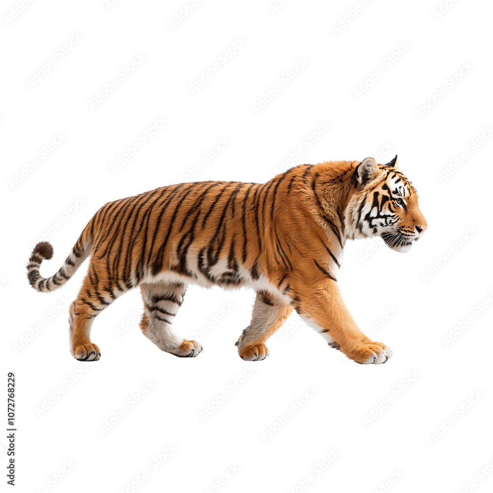 Obraz premium A Powerful Tiger Gracefully Striding Against a Solid Black Background, Capturing the Essence of Wild Beauty, Elegance, and Strength in Nature's Design and Animal Kingdom's Majesty.