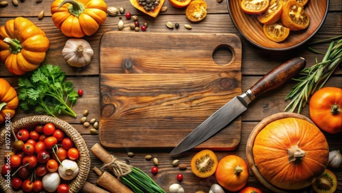 Autumnal Kitchen Still Life Featuring a Rustic Cutting Board, Knife, Pumpkins, Herbs, and Spices