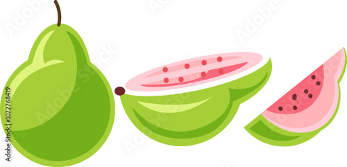 Pink Guava Fruit Illustration Whole and Sliced