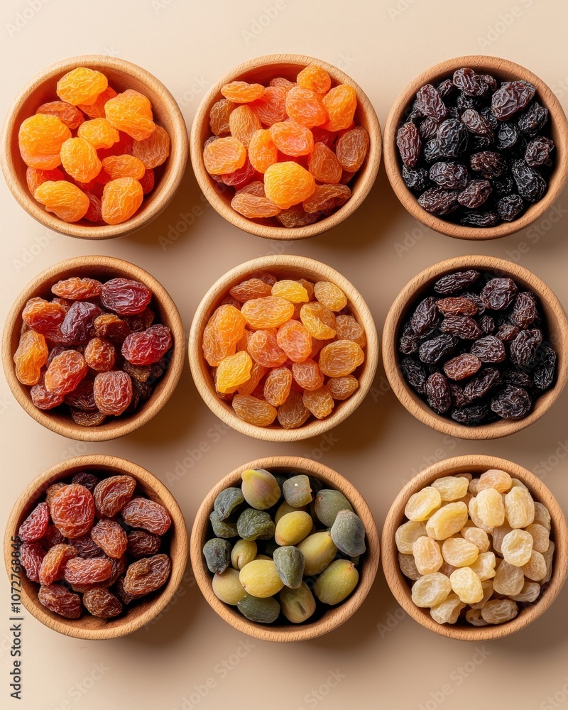 An Assortment of Dried Fruits in Round Bowls Featuring Colorful Apricots, Figs, and Raisins Crafting a Vibrant and Healthy Snack Option An Assortment of Dried Fruits in Round Bowls Featuring Colorful Apricots, Figs, and Raisins Crafting a Vibrant and Healthy Snack Option