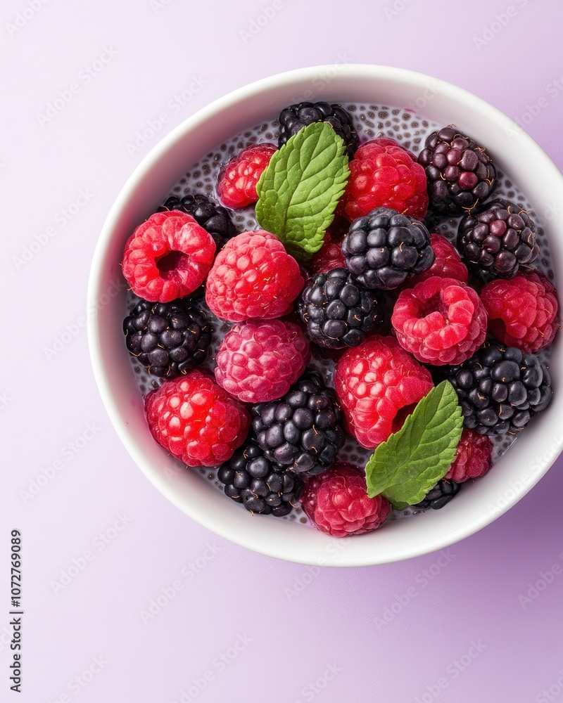Chia Pudding with Fresh Raspberries and Blackberries in a White Bowl on a Pink Background - Healthy Dessert Option for Wellness and Nutrition Enthusiasts Chia Pudding with Fresh Raspberries and Blackberries in a White Bowl on a Pink Background - Healthy Dessert Option for Wellness and Nutrition Enthusiasts