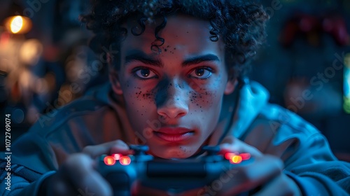 focused young gamer intensely playing with a controller, illuminated by soft blue and red lighting, capturing the excitement and concentration of gaming. Ideal for themes of gaming, youth culture