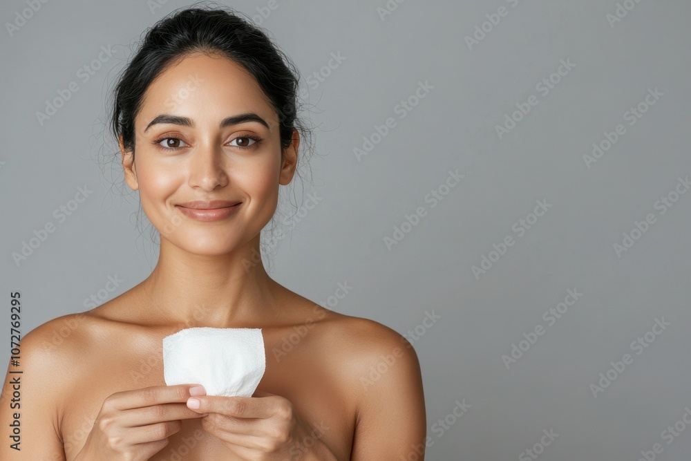 Beautiful Indian Woman Posing with Facial Pad in Over the Shoulder Angle on Neutral Gray Background Capturing Beauty and Skincare Routine Beautiful Indian Woman Posing with Facial Pad in Over the Shoulder Angle on Neutral Gray Background Capturing Beauty and Skincare Routine
