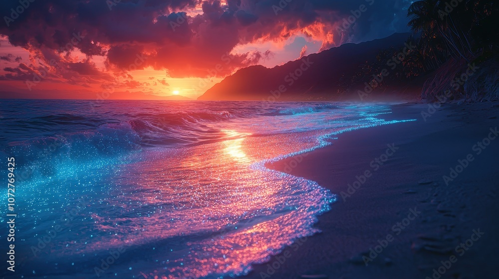 A high-tech beach with bioluminescent sand and glowing waves under a neon sky. The shoreline glistens softly, creating a tranquil and dreamlike coastal environment. A futuristic beach landscape A high-tech beach with bioluminescent sand and glowing waves under a neon sky. The shoreline glistens softly, creating a tranquil and dreamlike coastal environment. A futuristic beach landscape