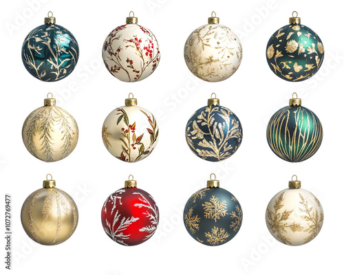 Collection of beautifully designed Christmas ornaments featuring intricate patterns and vibrant colors for festive decoration.