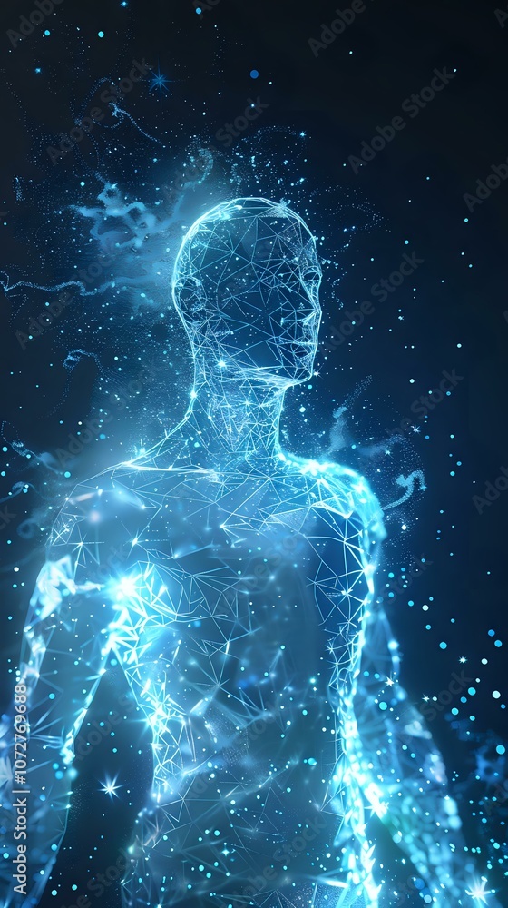 A glowing human figure is depicted with light trails and particles radiating from the body, conveying a sense of digital transformation or energy flowing through the human form. A glowing human figure is depicted with light trails and particles radiating from the body, conveying a sense of digital transformation or energy flowing through the human form.