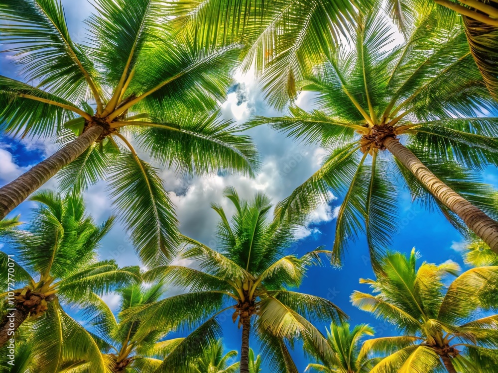 Lush Tropical Paradise: Coconut Palms Against a Clear Blue Sky in a Vibrant Macro Photography Showcase of Nature's Beauty Lush Tropical Paradise: Coconut Palms Against a Clear Blue Sky in a Vibrant Macro Photography Showcase of Nature's Beauty