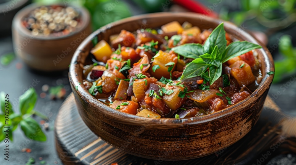 A bowl of eggplant stew with basil and spices. A bowl of eggplant stew with basil and spices.