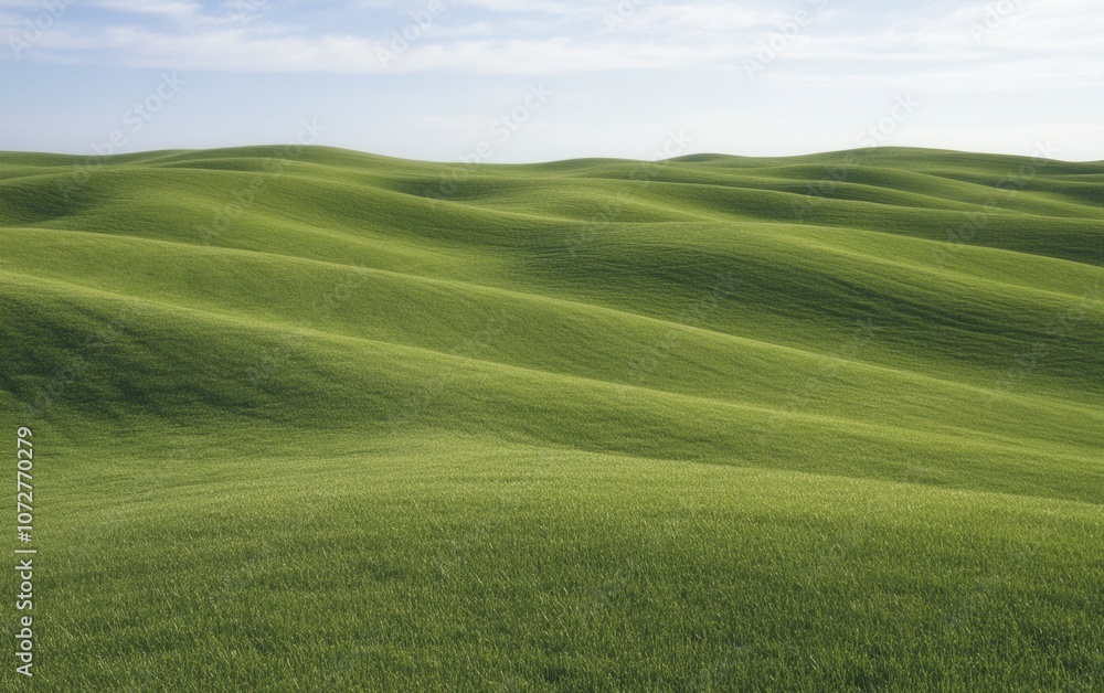 Lush Green Rolling Hills Under a Bright Blue Sky: A Tranquil Landscape Scene Capturing Nature's Beauty in Wavy Formations and Gentle Contours Lush Green Rolling Hills Under a Bright Blue Sky: A Tranquil Landscape Scene Capturing Nature's Beauty in Wavy Formations and Gentle Contours